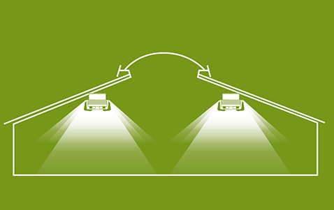 Drawing of Lubratec® LED barn light on the ceiling with focus on the beam cone - Efficient lighting in the barn