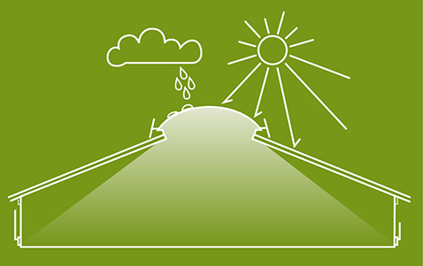 Optimum light distribution: beam angle of the Lubratec® light ridge for efficient barn lighting and ventilation Drawing with beam angle of the Lubratec® light ridge - maximum daylight yield in the barn