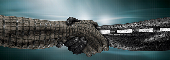 Illustration of two hands with road and traffic route patterns