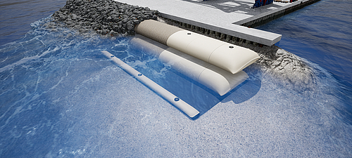 Land reclamation and bank protection using SoilTain Tubes in the geotextiles and hydraulic engineering sector Geotextile SoilTain coastal protection tube with scour protection mat and armoring stones for land reclamation and bank protection