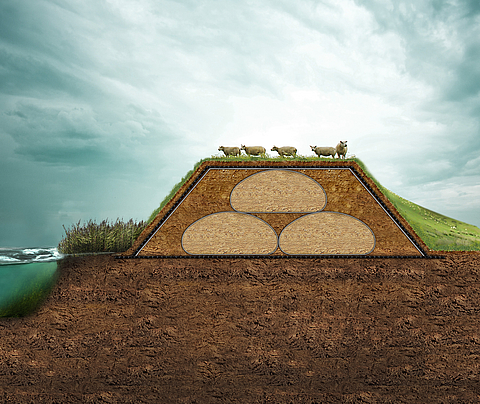 Cross-sectional drawing of a dam or dike reinforced with geotextiles for flood control and damming purposes