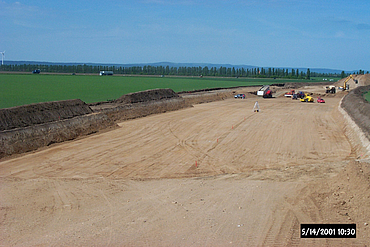 Aerial view of the large-scale construction site for stabilising the sinkhole
