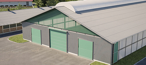 Lubratec Ventilation Graphic of a stable building equipped with Lubratec windbreak nets and wrap-around vents.