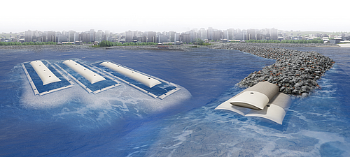 Groynes and breakwaters realized with SoilTain Tubes for effective coastal protection SoilTain Tubes with scour protection mat as central structure and SoilTain Tubes for coastal protection, covered by armoring stones